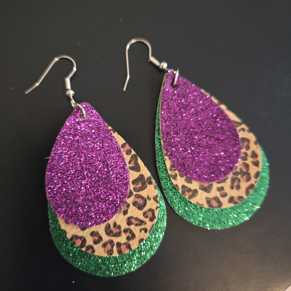 Sparkling Purple and Green Leopard Print Teardrop Earrings